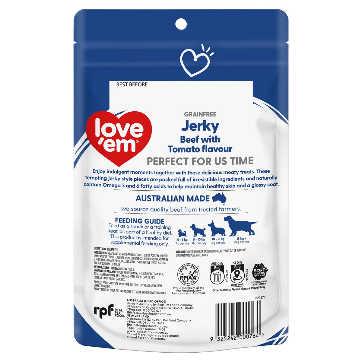 Love'em Grain Free Beef with Tomato Jerky Dog Treats back of pack