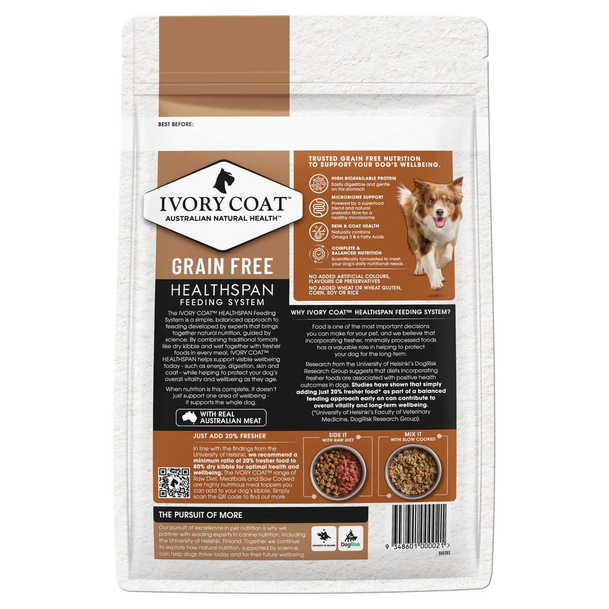 Back of the Ivory Coat Grain Free Lamb and Kangaroo Adult dry dog food bag