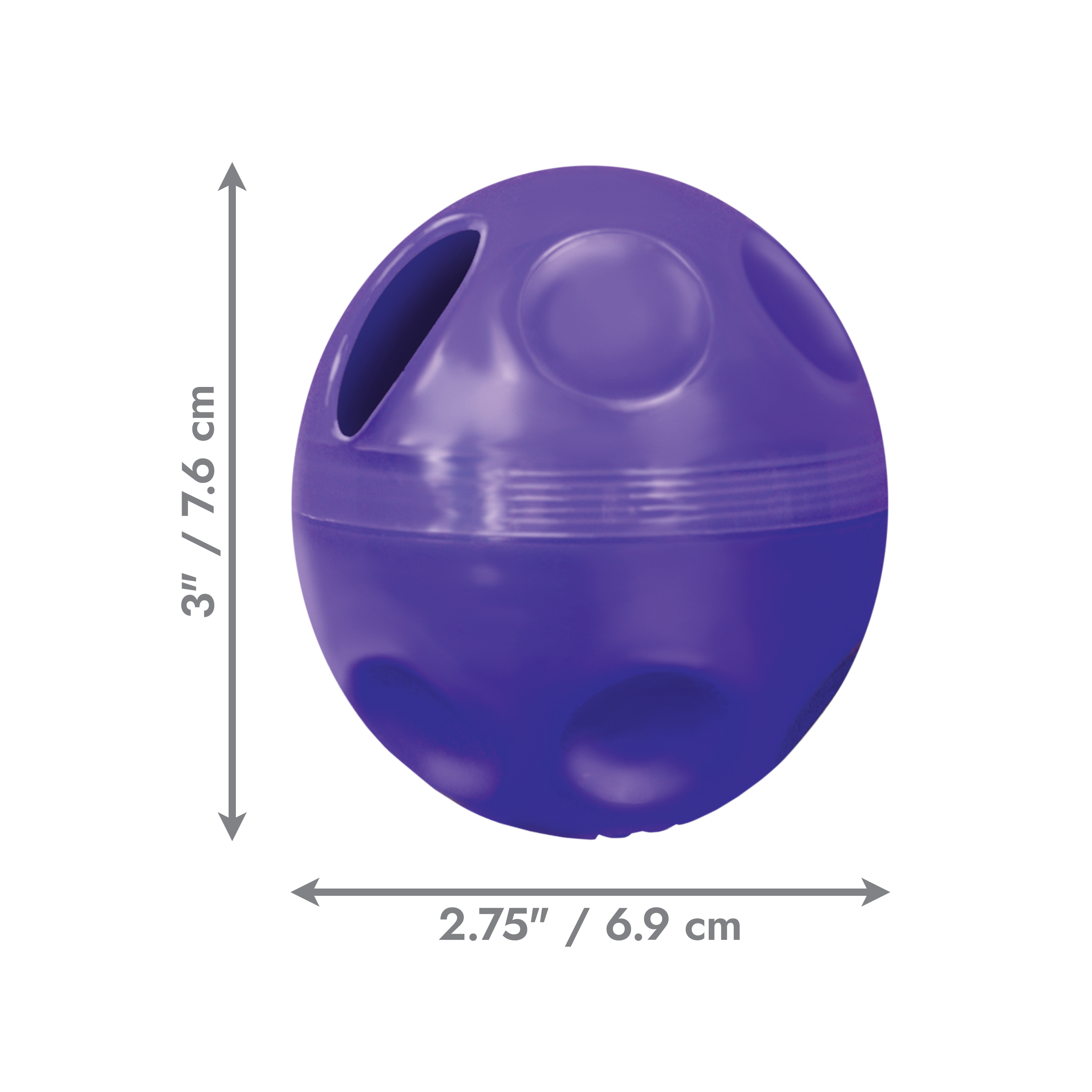 KONG Cat Toys Treat Dispensing Ball with dimensions marked