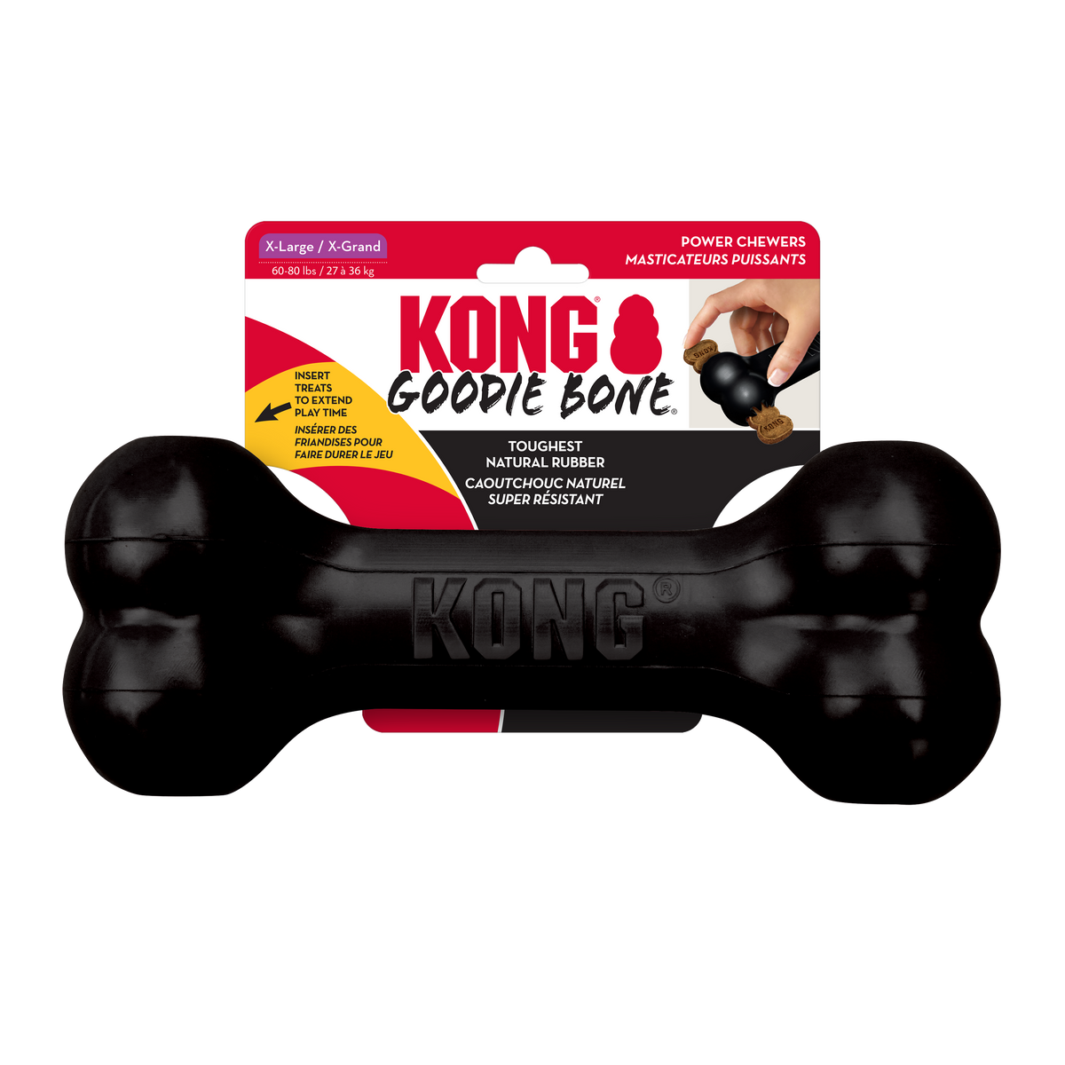 KONG Extreme Goodie Bone lying across its red KONG Goodie Bone header card, seen from above