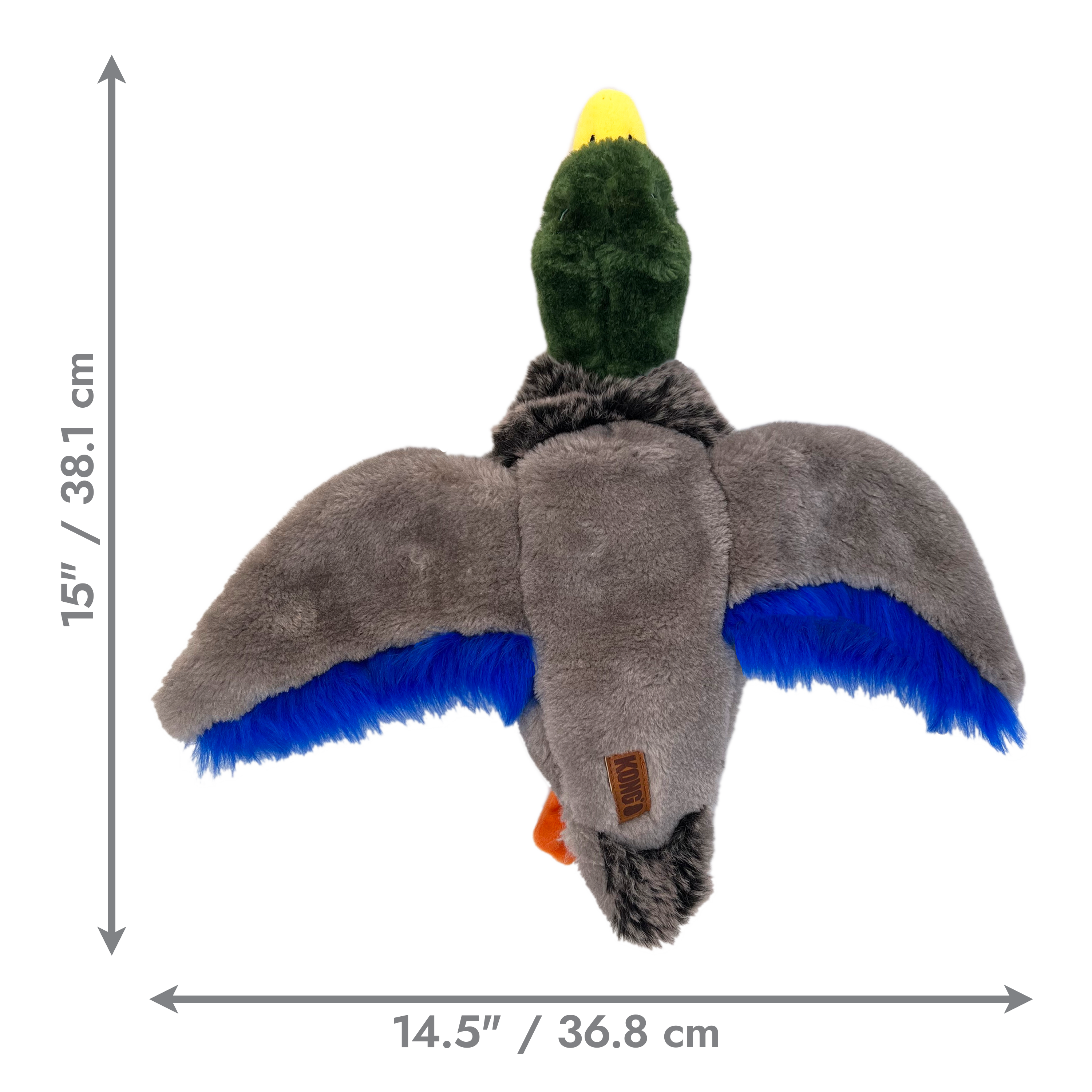 KONG Dog Toys Wild Low Stuffing Mallard Duck with dimensions marked