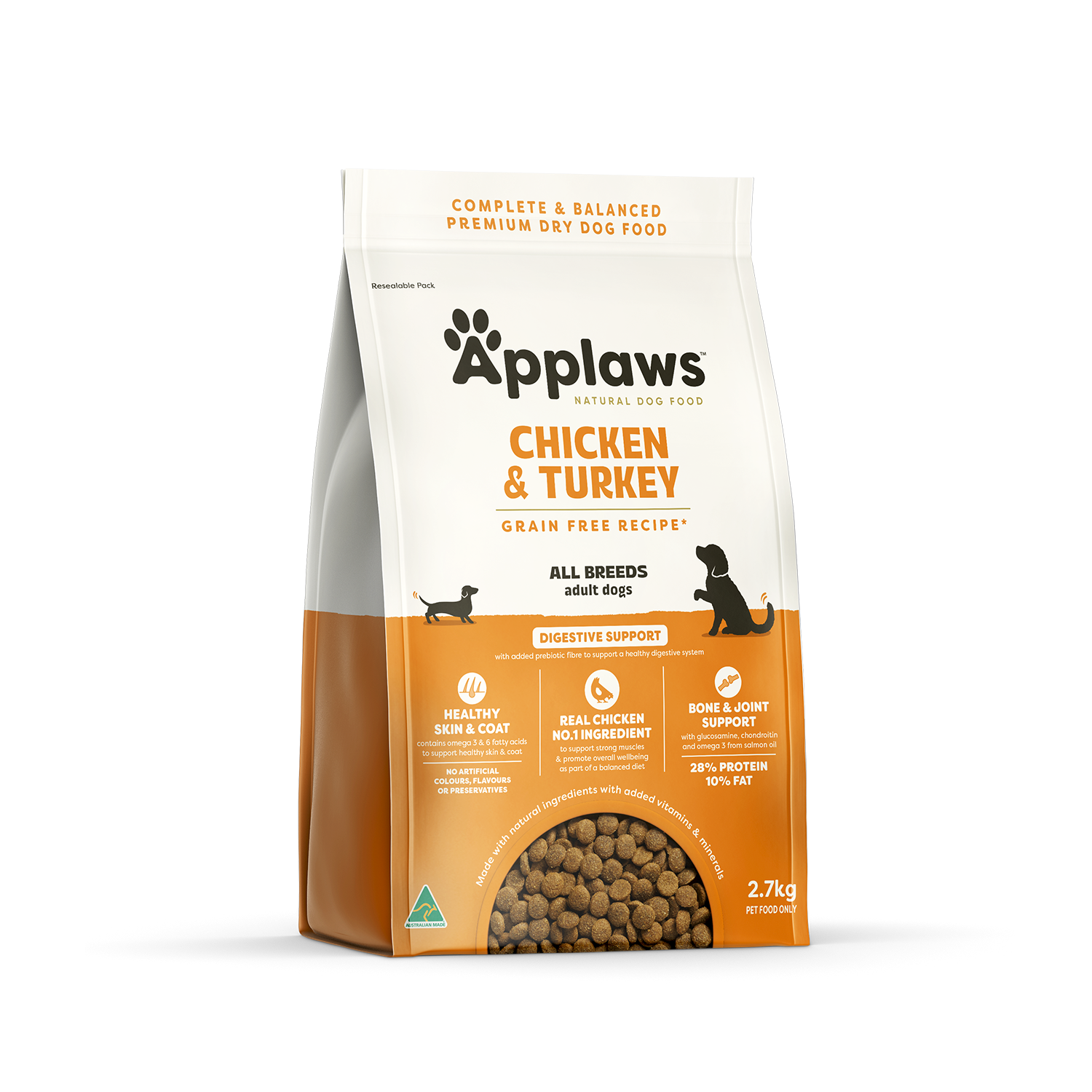 Applaws Grain Free Natural Dry Dog Food Chicken & Turkey 2.7kg bag – front of pack | PeekAPaw