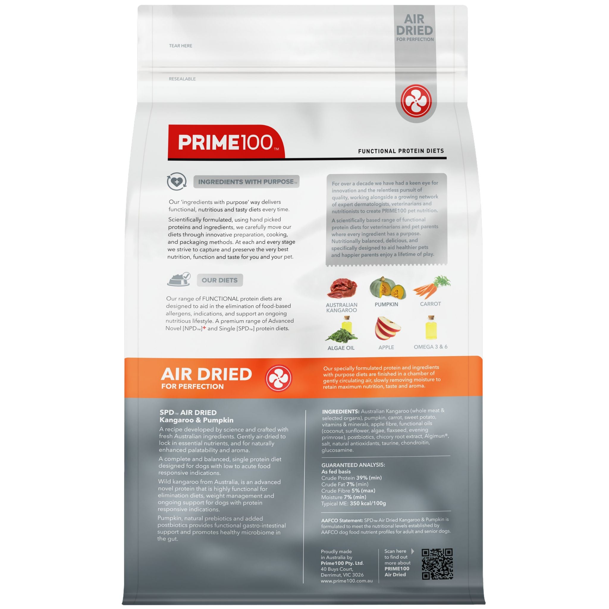 Prime100 SPD Air Dry Dog Food for Adult Kangaroo & Pumpkin