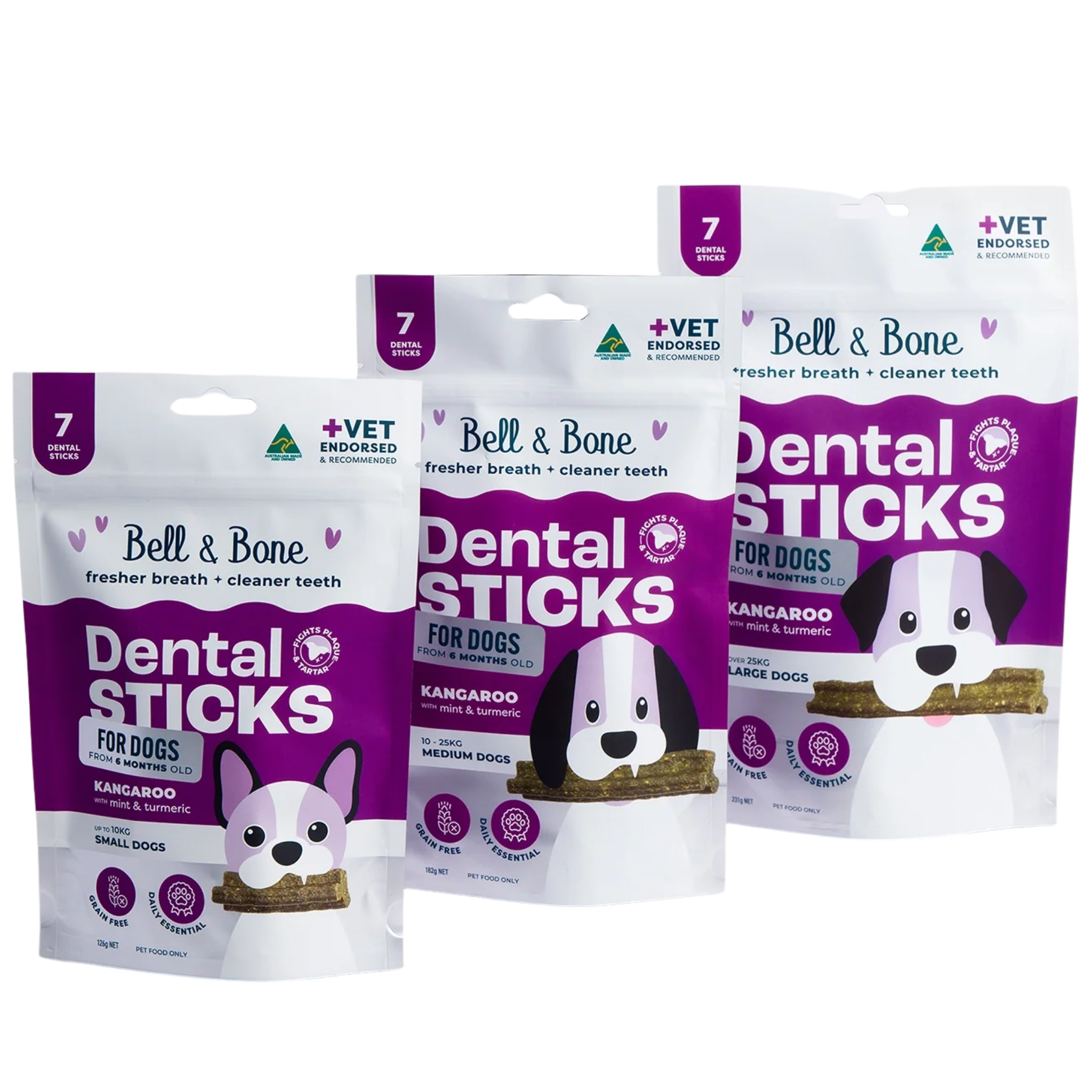 Bell and Bone Dental Sticks for Adult Dogs - Kangaroo, Mint & Turmeric