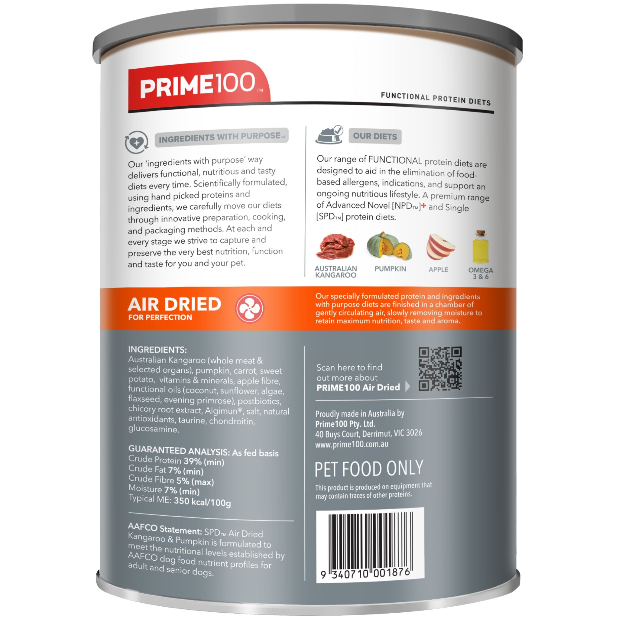 Prime100 SPD Air Dry Dog Food for Adult Kangaroo & Pumpkin