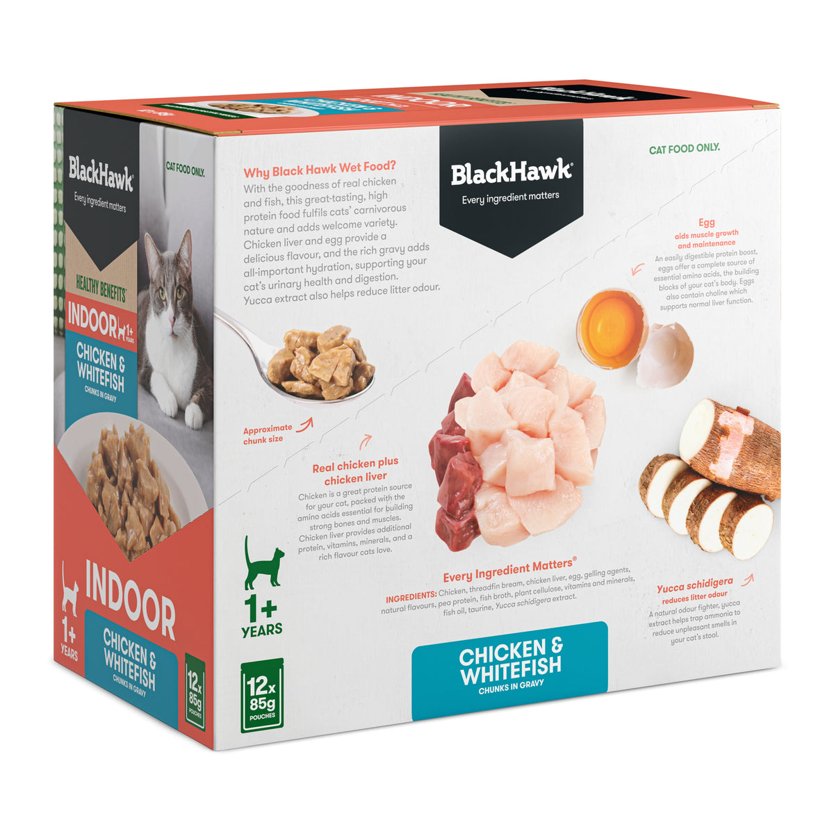Black Hawk Healthy Benefits Indoor carton – angled view showing key ingredients
