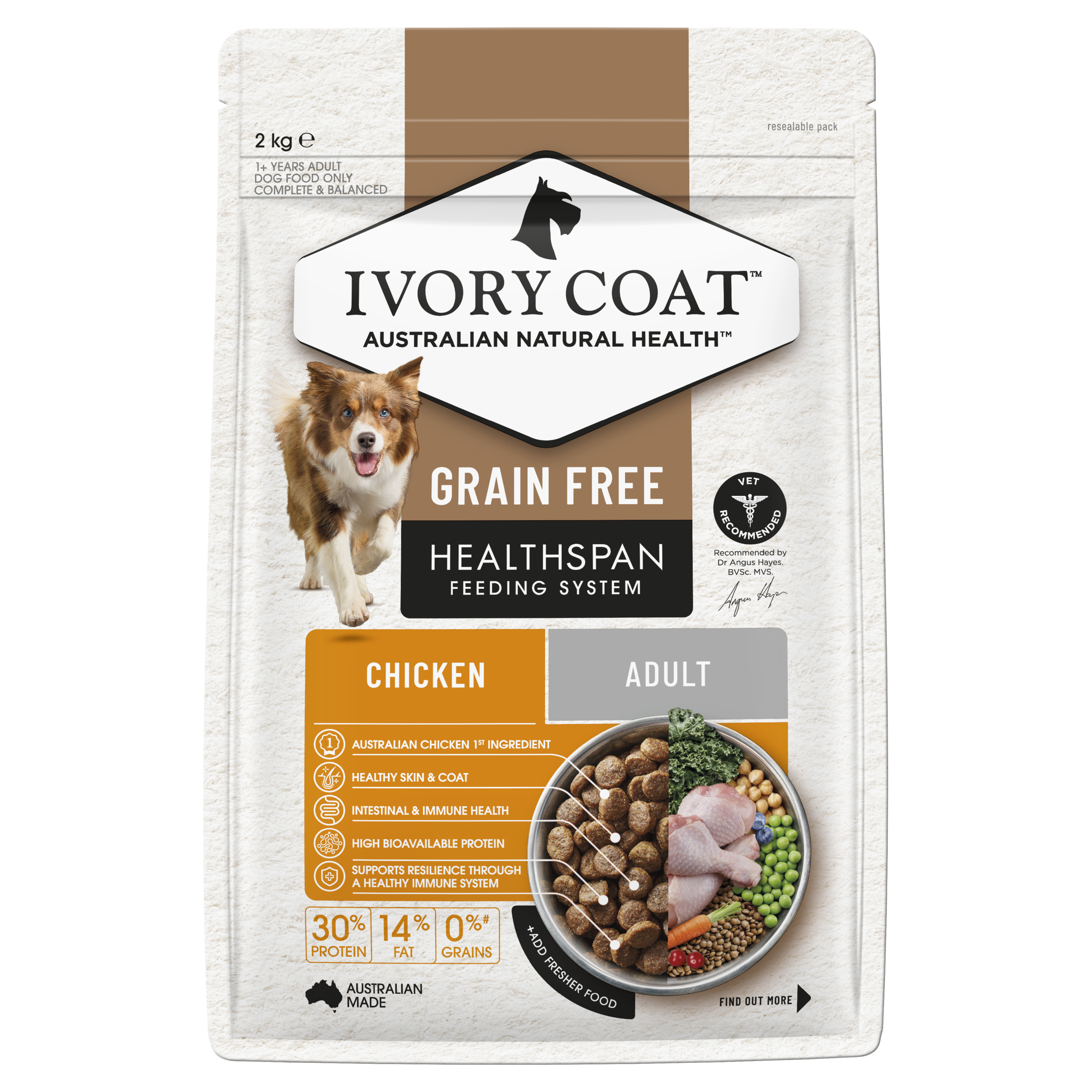 Ivory Coat Grain Free Adult All Breeds Dry Dog Food Chicken front of pack