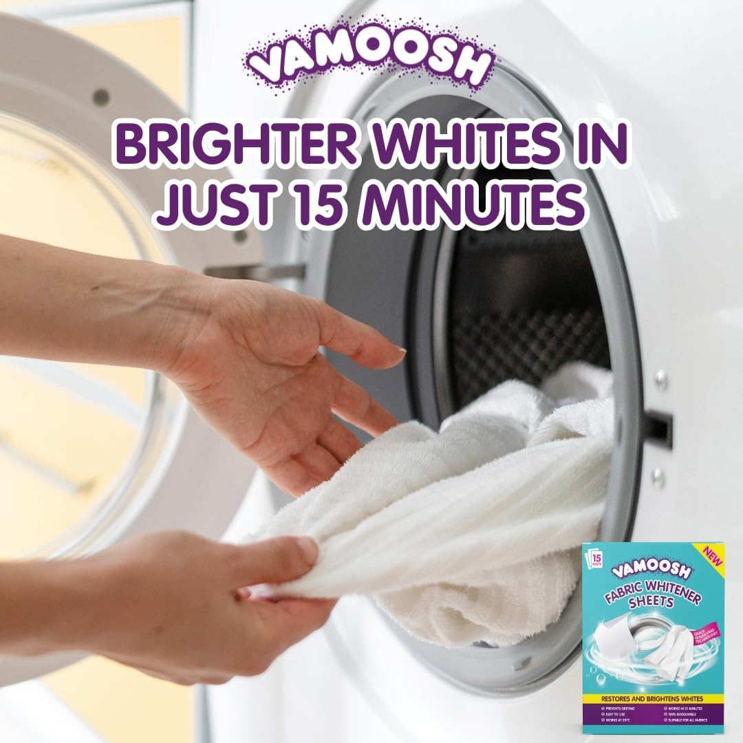 Vamoosh Fabric Whitener Sheets 15 pack carton front of pack