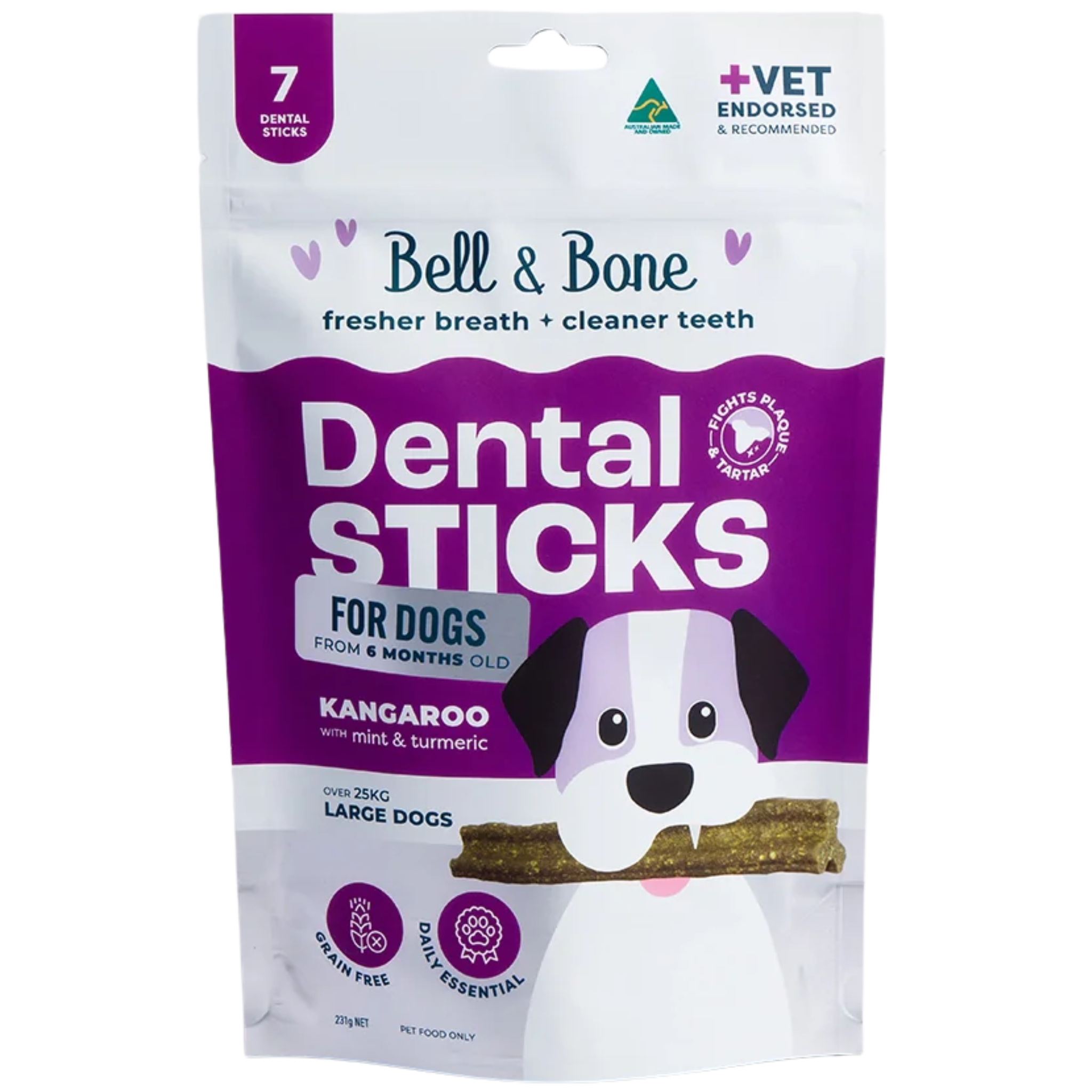 Bell and Bone Dental Sticks for Adult Dogs - Kangaroo, Mint & Turmeric