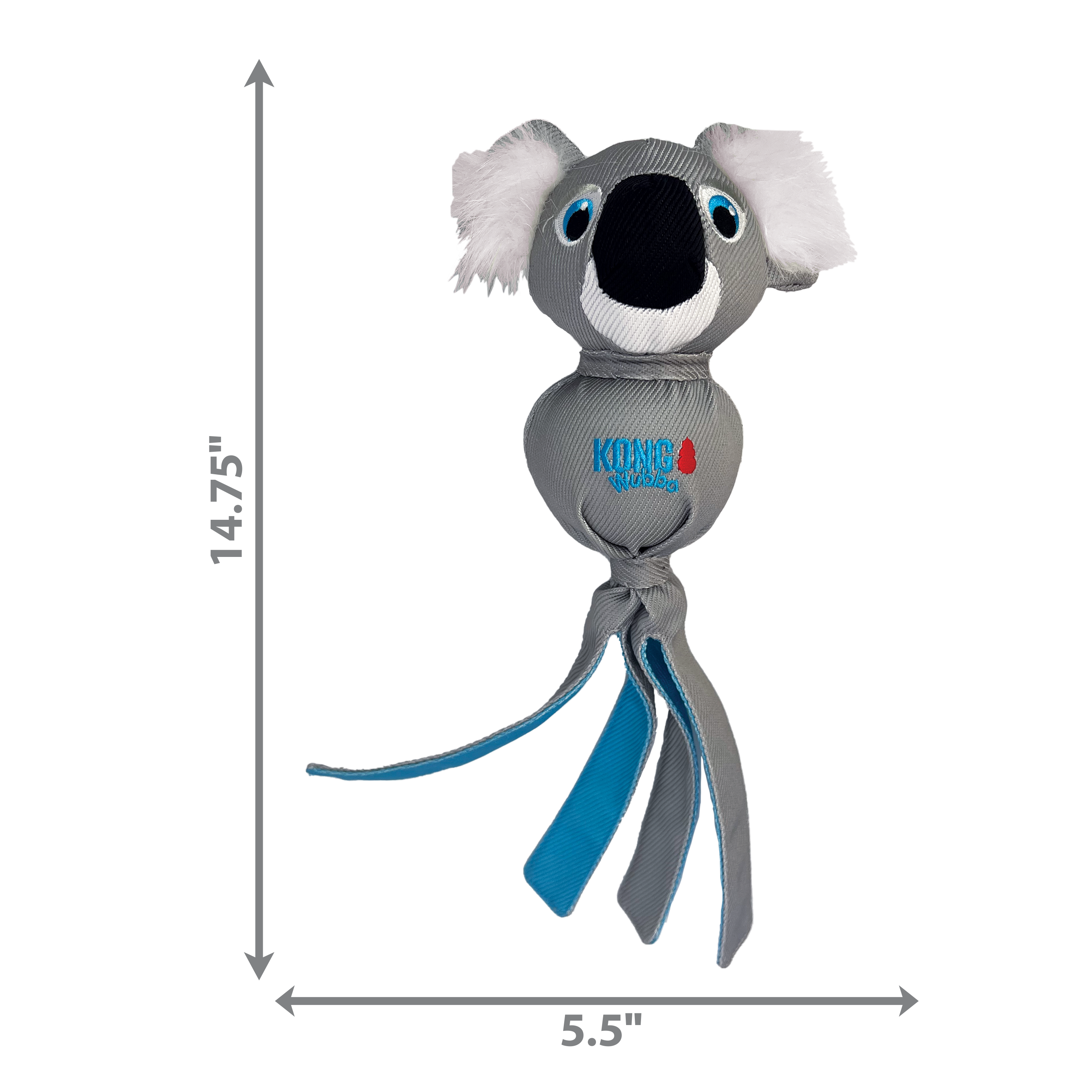 KONG Dog Toys Wubba Zoo Koala with measurements marked