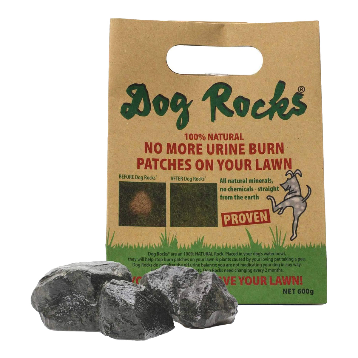 Dog Rocks 600g bulk pack – front of kraft bag with natural rocks