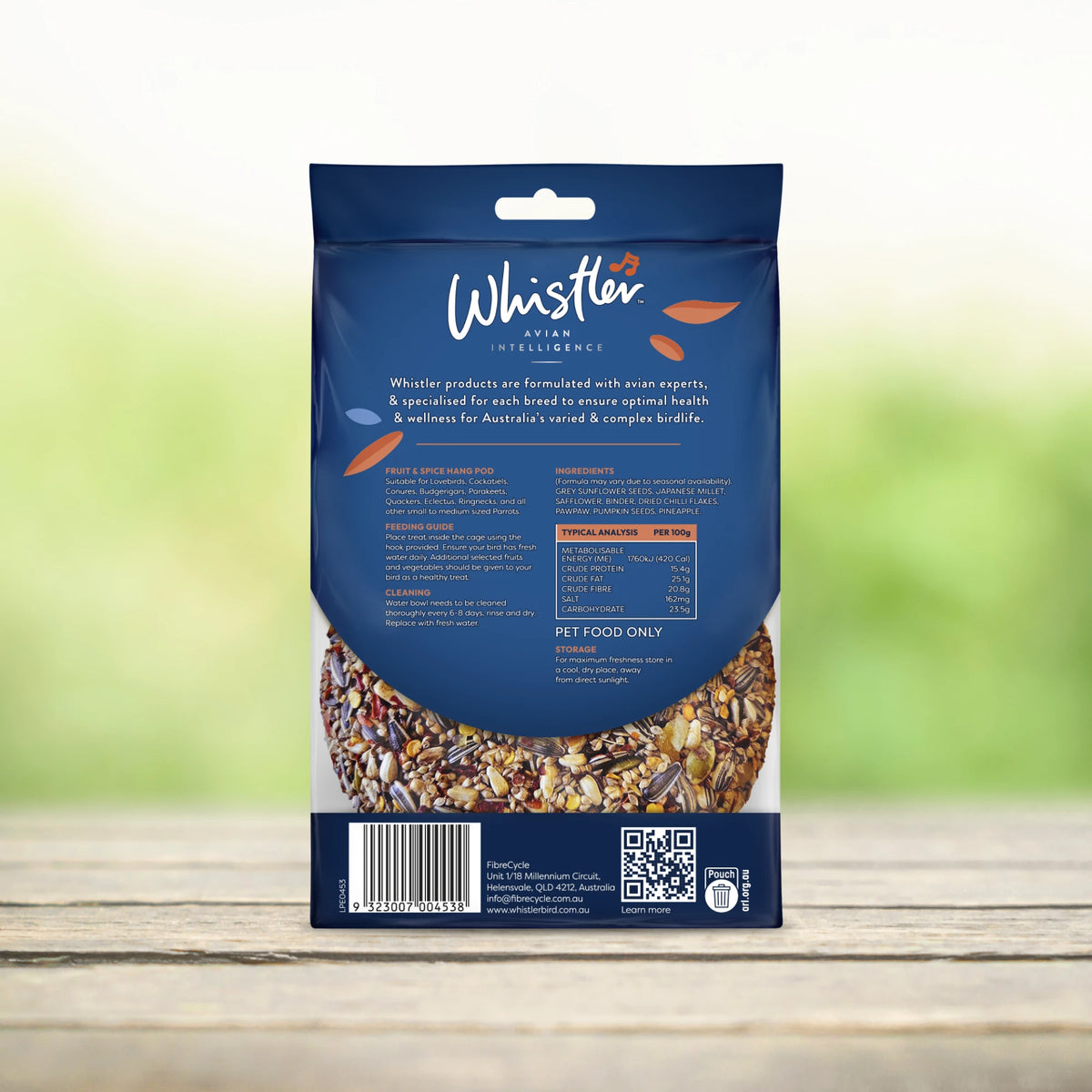 Whistler Cockatiel & Lovebird Hang Pod 210g - back of pack showing ingredients and feeding guide