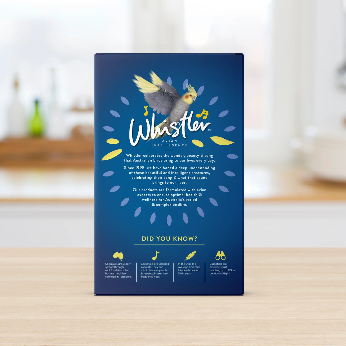 Whistler Cockatiel & Lovebird Gourmet Blend 1.2kg - back of carton showing ingredients and feeding guide