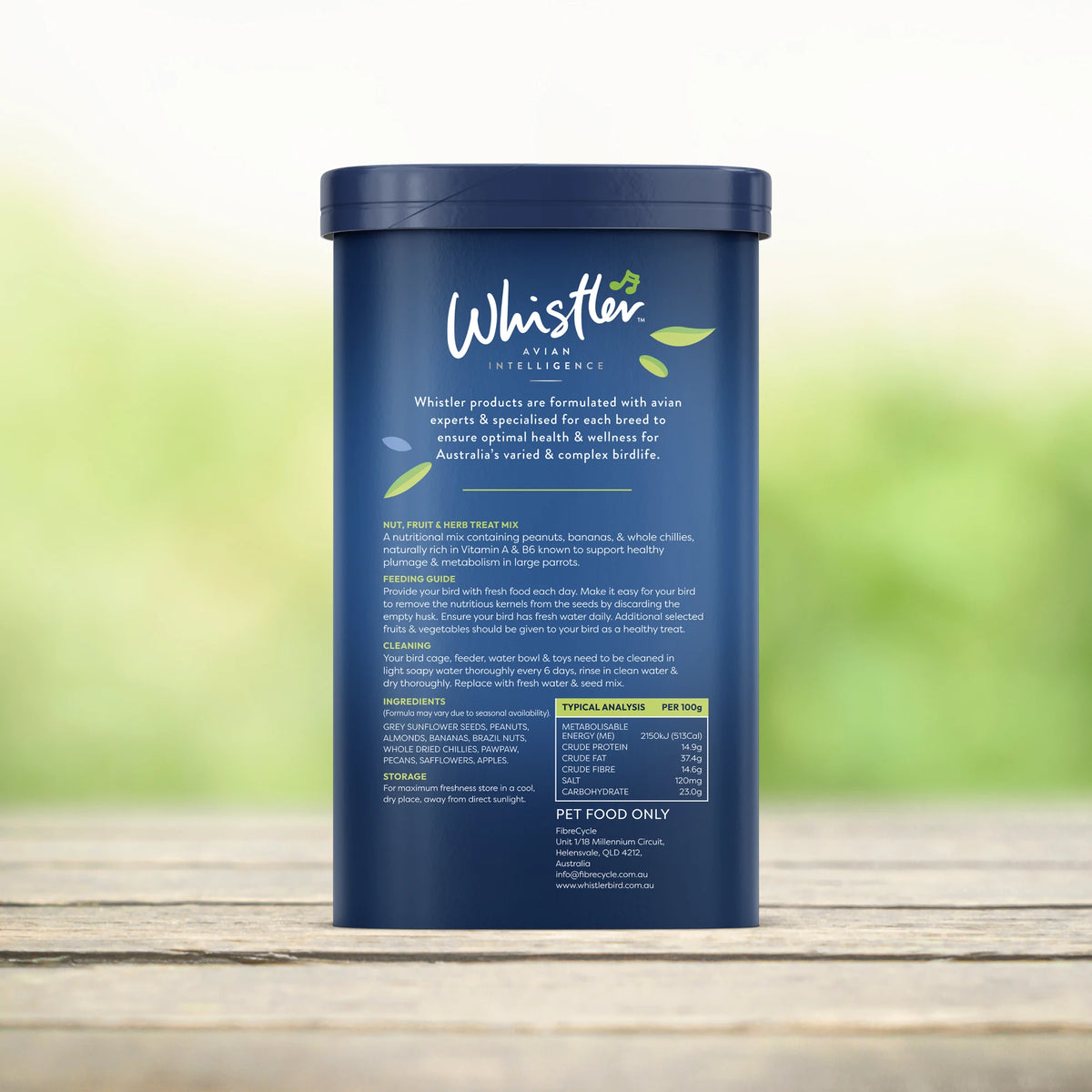 Whistler Exotic Large Parrot Treat Mix 450g - back of tub showing ingredients and feeding guide