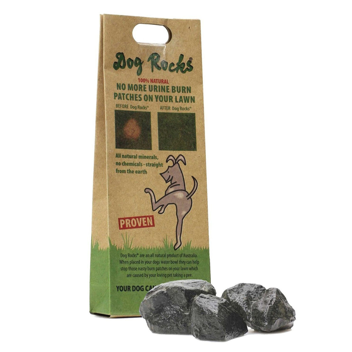 Dog Rocks 200g – front of kraft bag with natural rocks