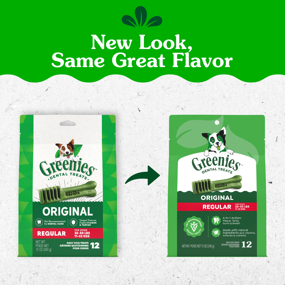 GREENIES packaging update: old and new Original Regular packs side by side