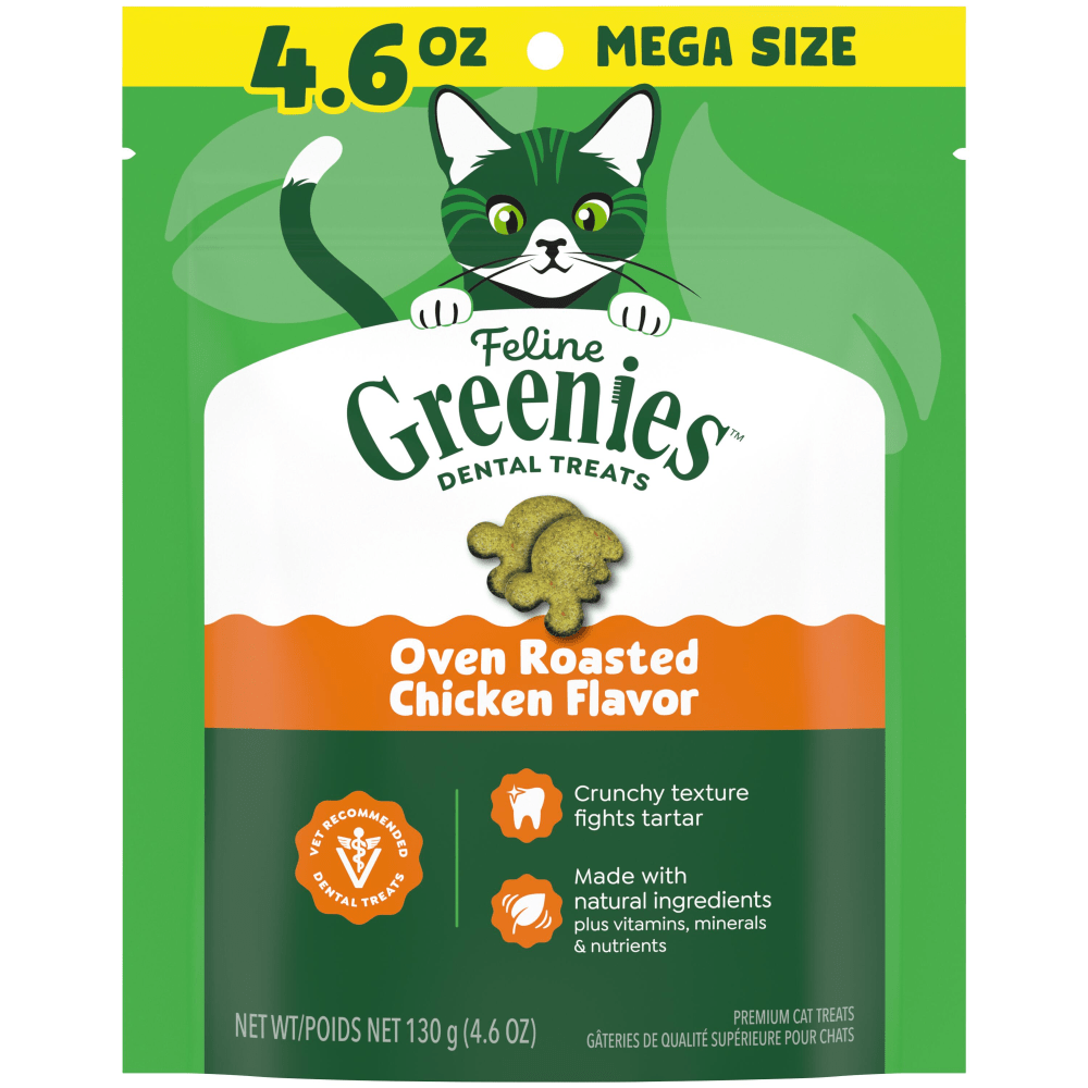 GREENIES Feline Dental Treats Oven Roasted Chicken Flavour, front of the 130g mega size pouch