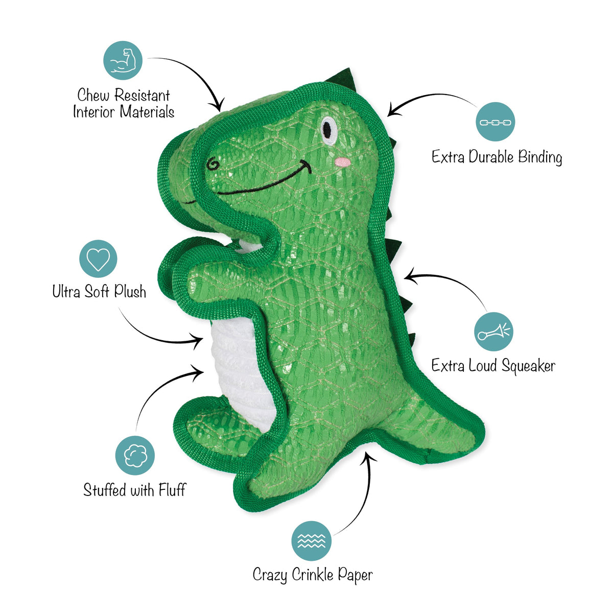 Fringe Studio Durable Dog Toy - T-Wrecks — feature callouts