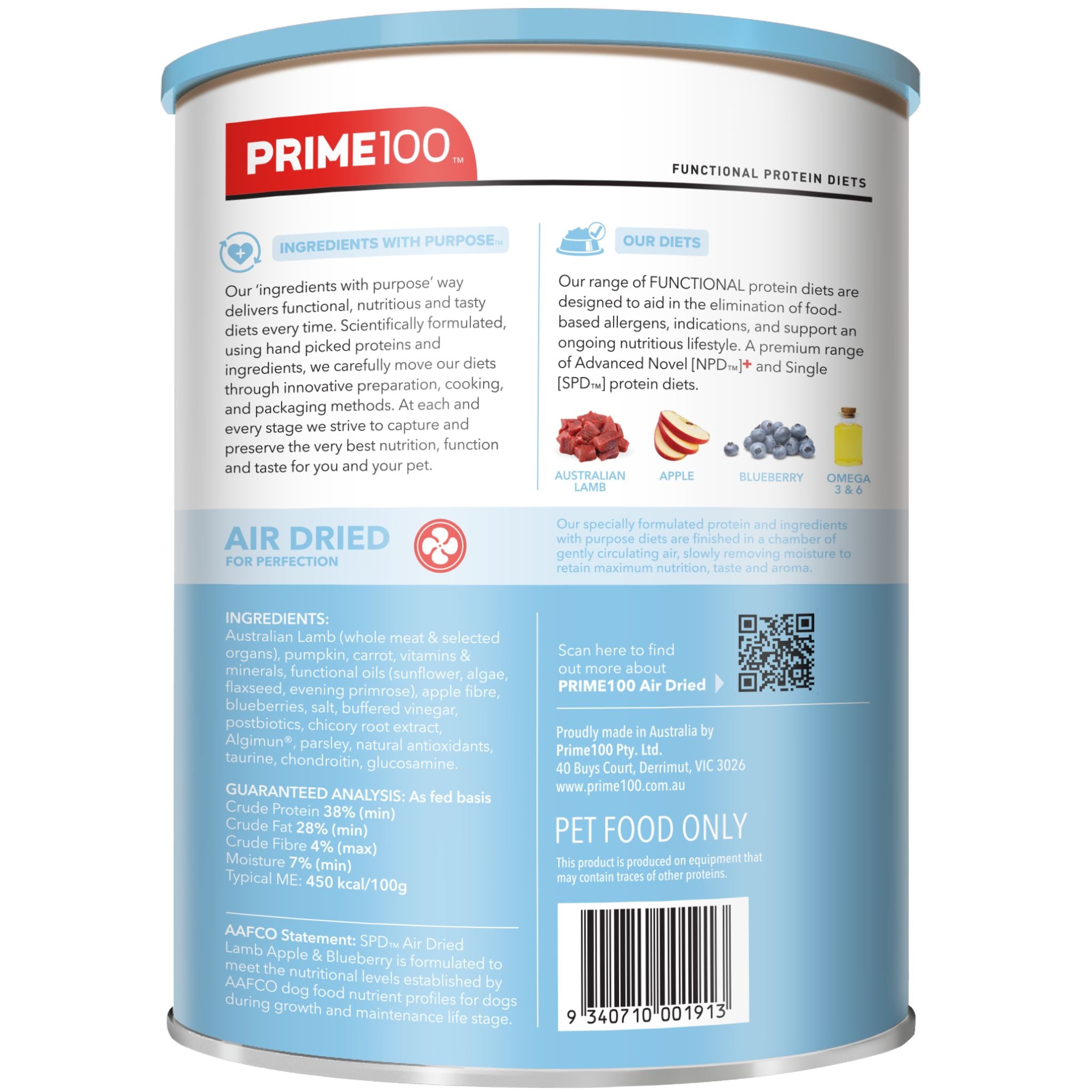 Prime100 SPD Air Dry Dog Food for Puppy Lamb, Apple & Blueberry