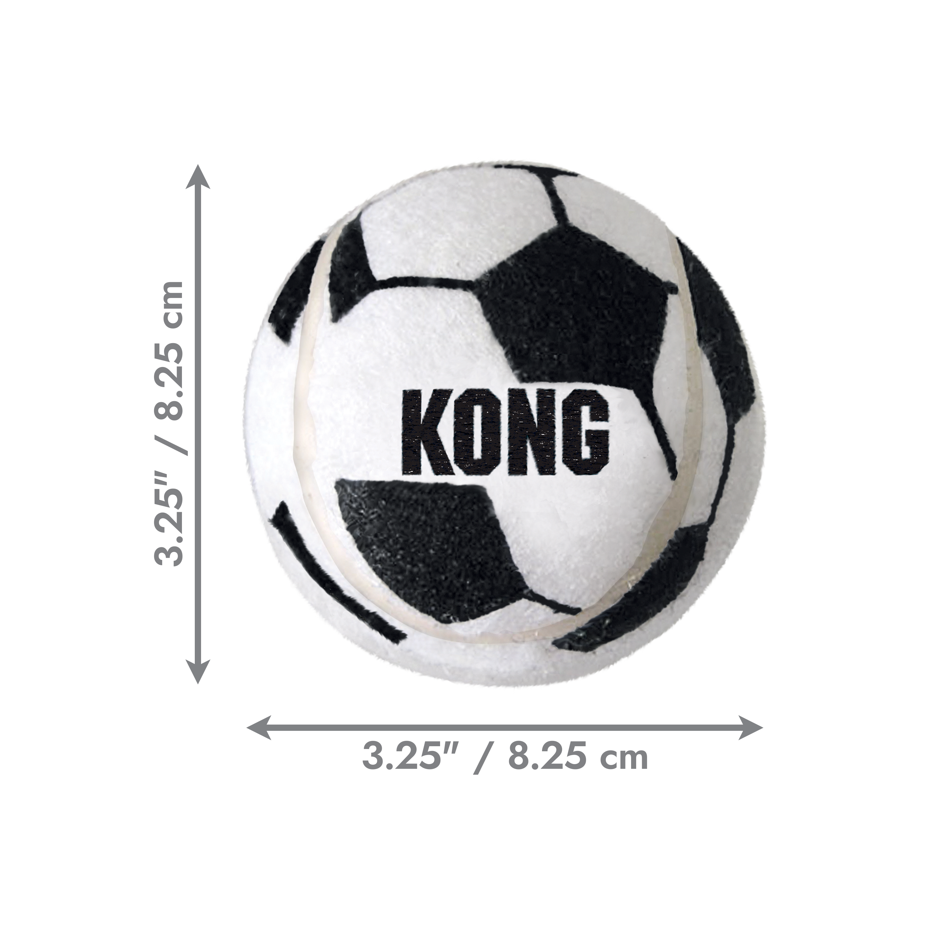 KONG Dog Toys Sportsoccer Balls Assorted shown with its dimensions labelled