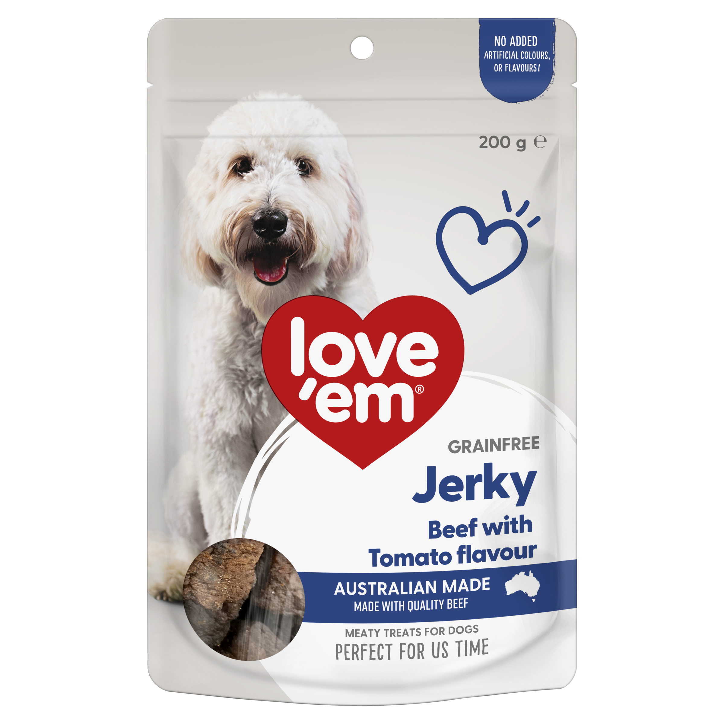 Love'em Grain Free Beef with Tomato Jerky Dog Treats front of pack