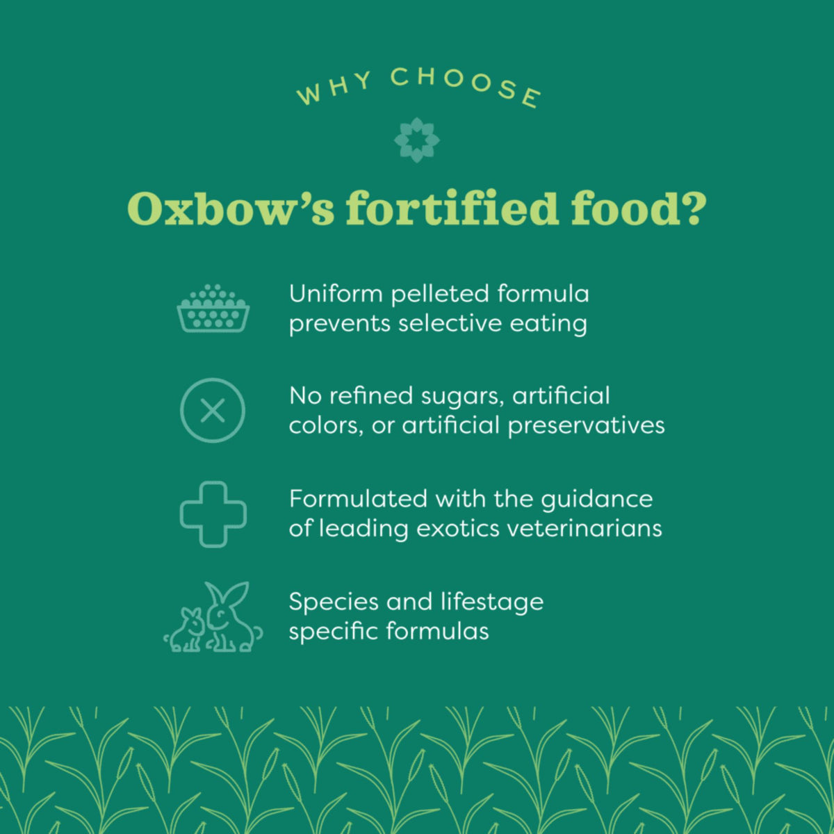 Oxbow brand graphic listing why to choose Oxbow fortified food