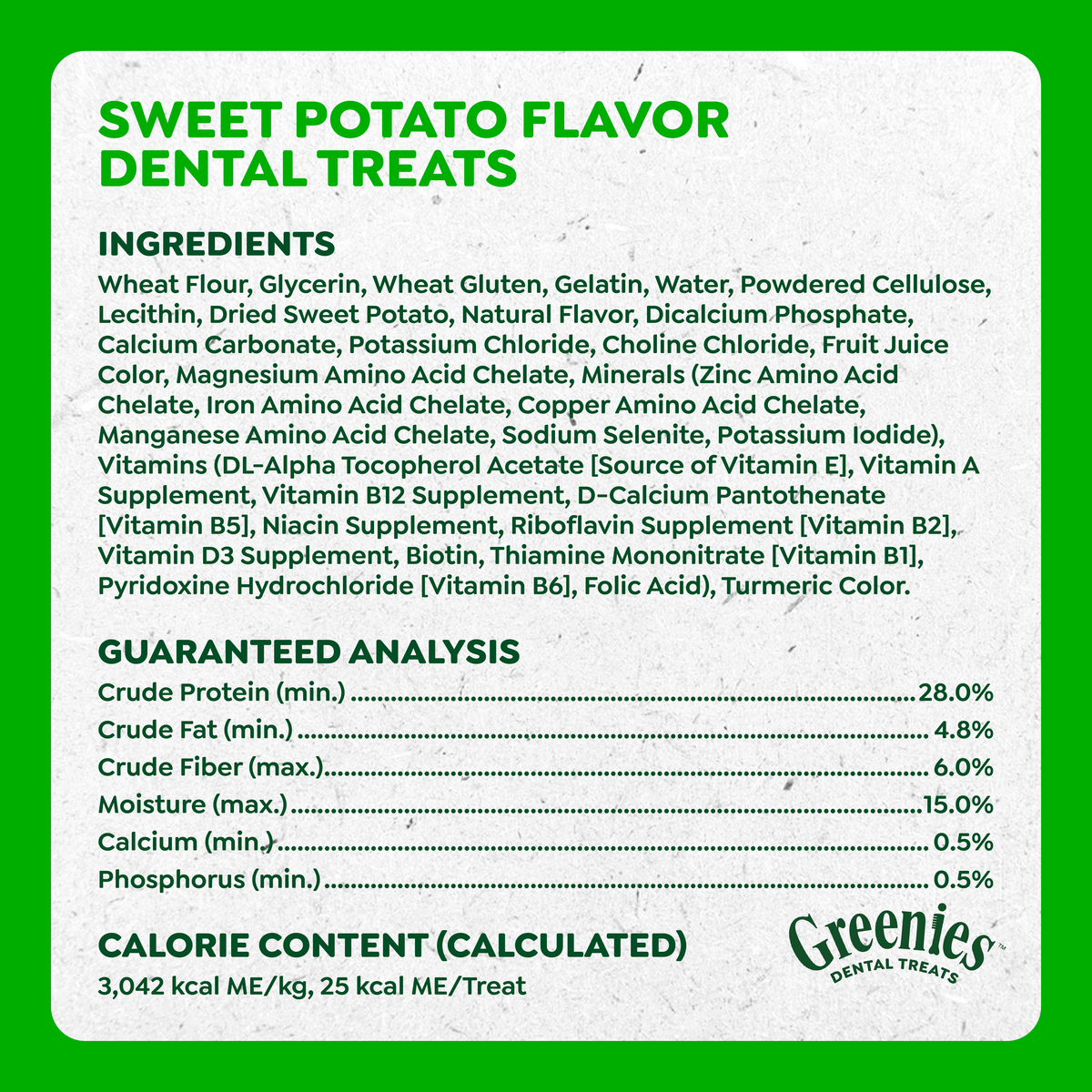 GREENIES Sweet Potato Flavour dental treats ingredients and guaranteed analysis panel
