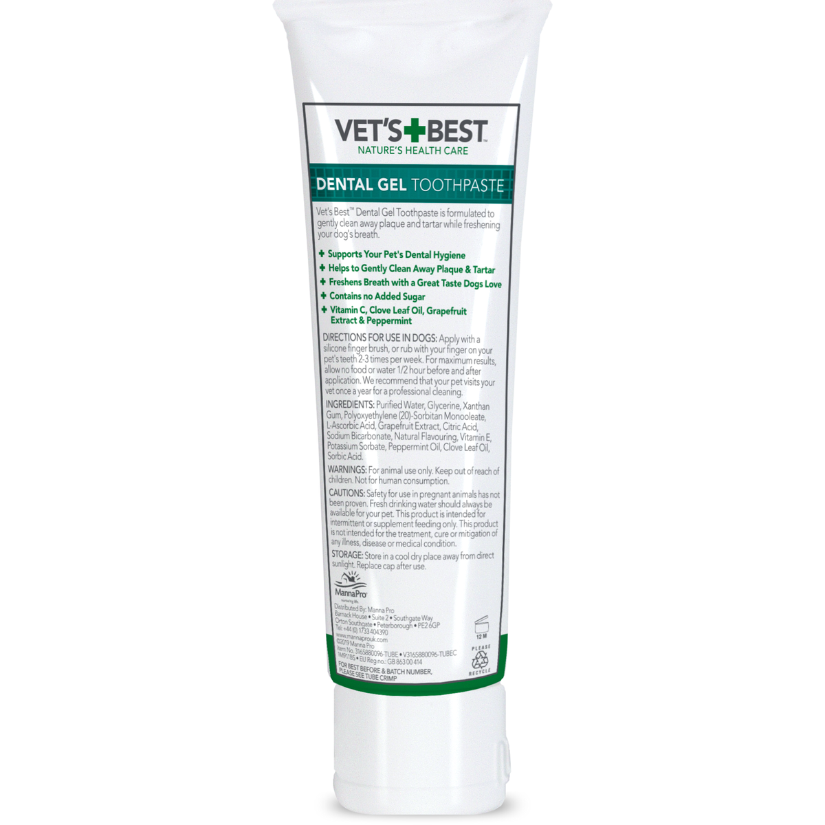 Vet's Best Dental Gel Toothpaste back of tube with the ingredient list