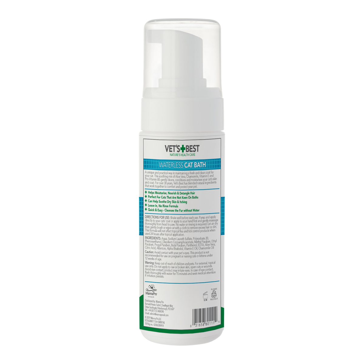 Vet's Best Waterless Cat Bath back label with ingredients and directions