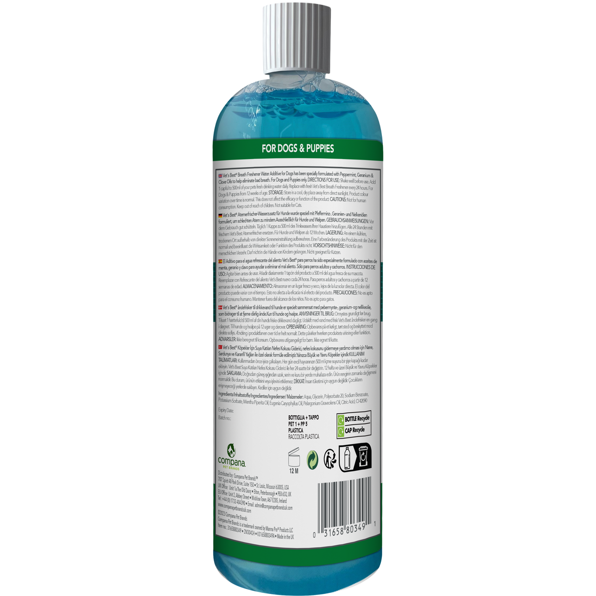 Vet's Best Dental Breath Freshener back label with ingredients and dosing directions