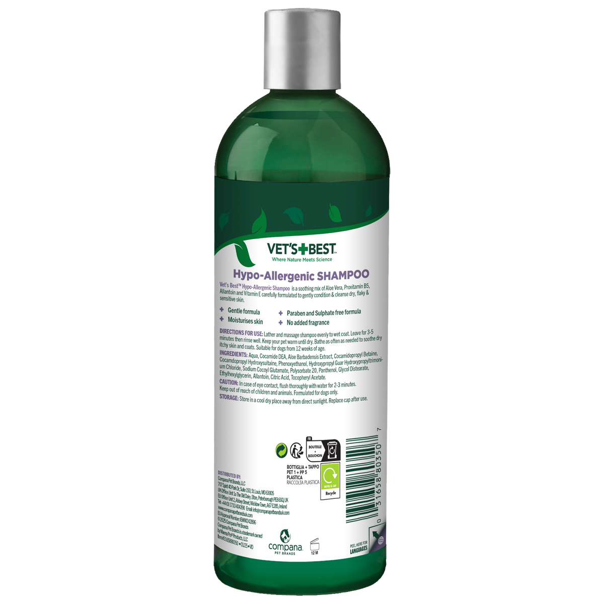 Vet's Best Hypo-Allergenic Shampoo back label with the ingredient list and directions