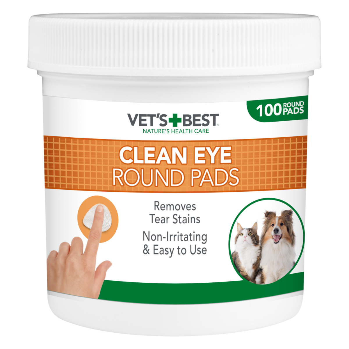 Vet's Best Clean Eye Round Pads for dogs and cats, front of the pre-moistened pad tub