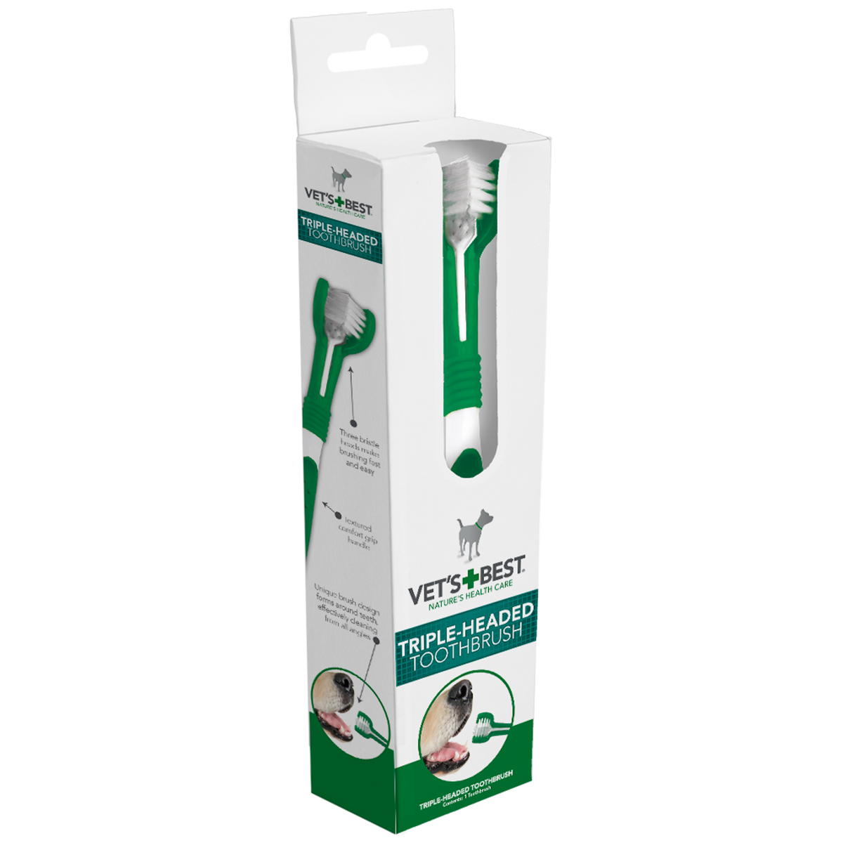 Vet's Best Triple Headed Toothbrush out of pack, showing the three bristle heads and grip handle