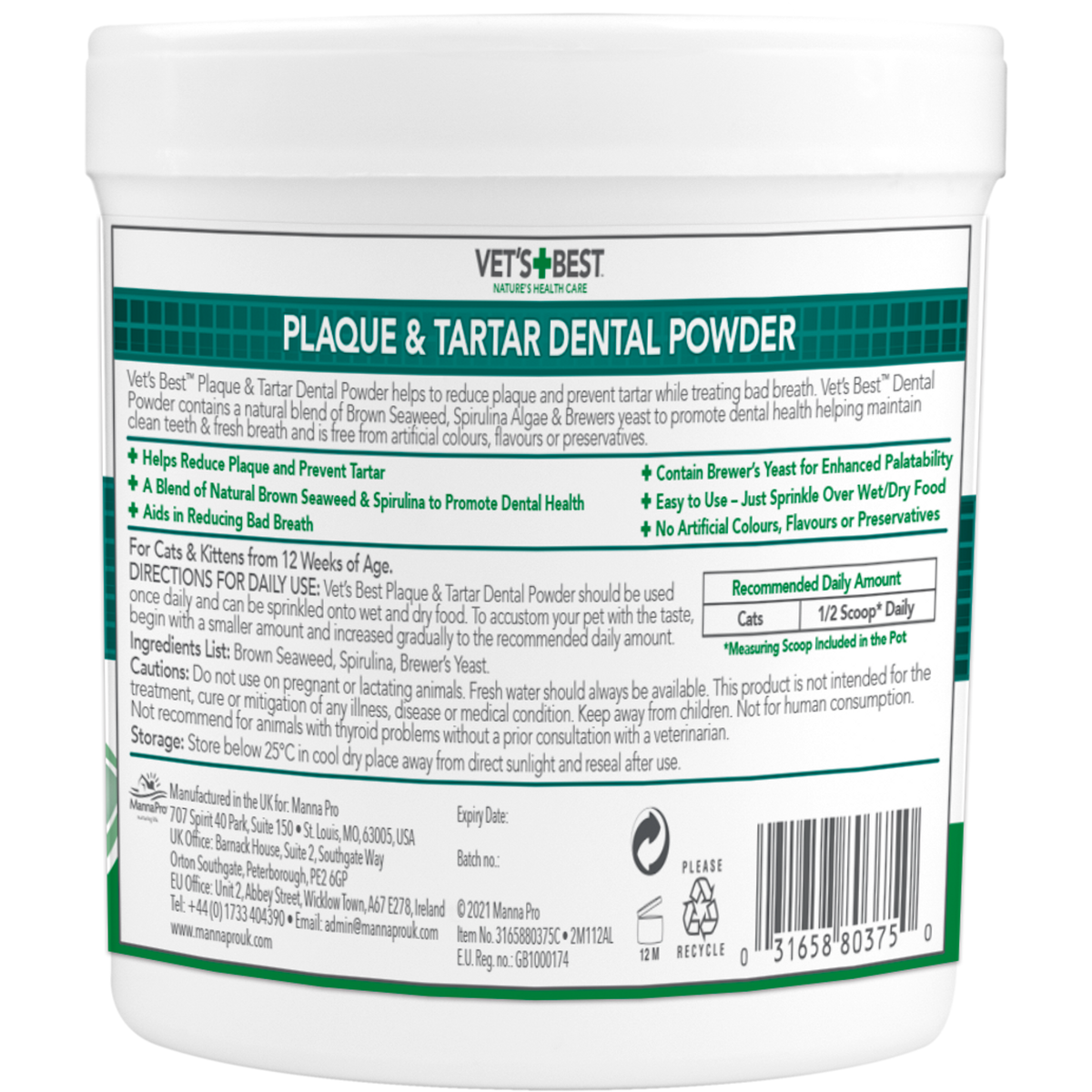 Vet's Best Dental Powder for Cats back of tub with ingredients and the daily scoop guide