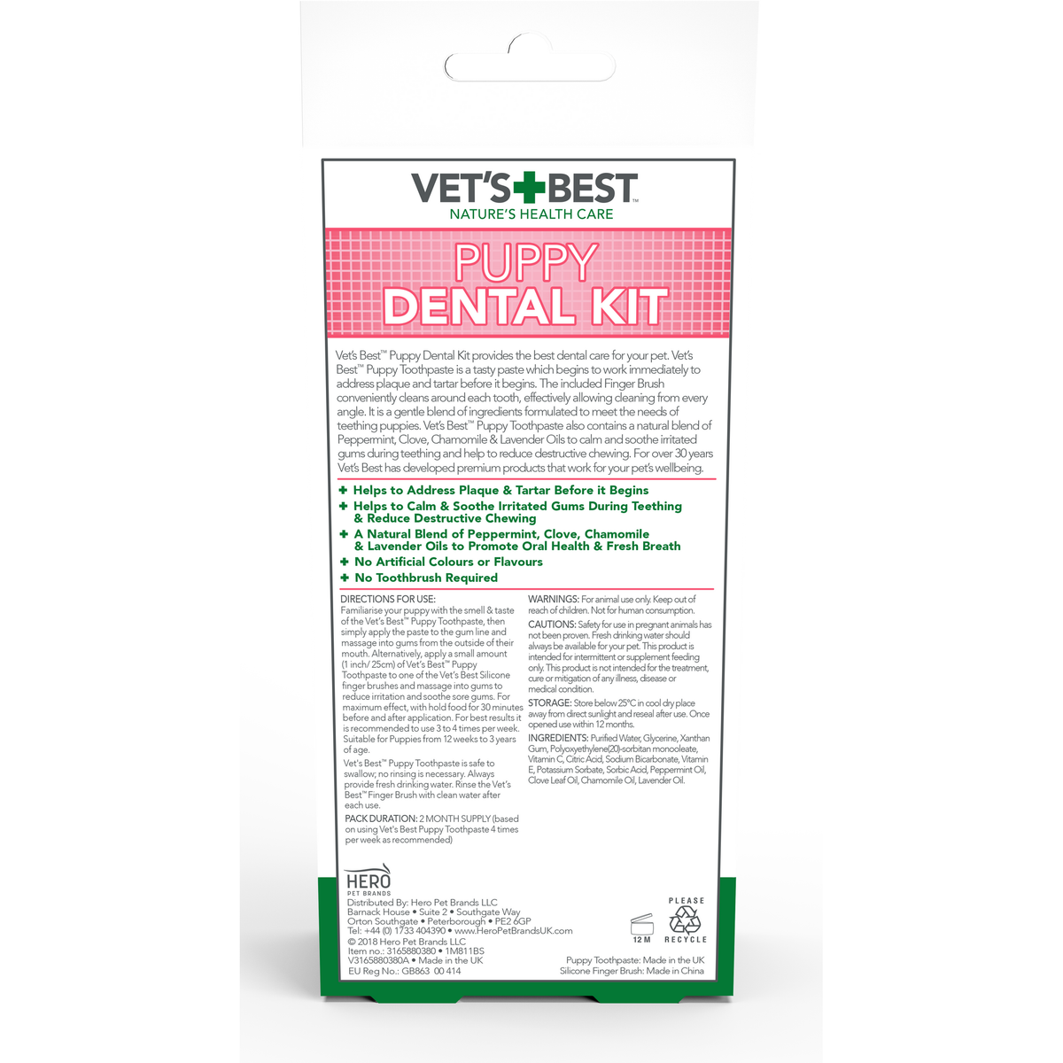 Vet's Best Dental Care Kit for Puppies back of pack showing ingredients and directions
