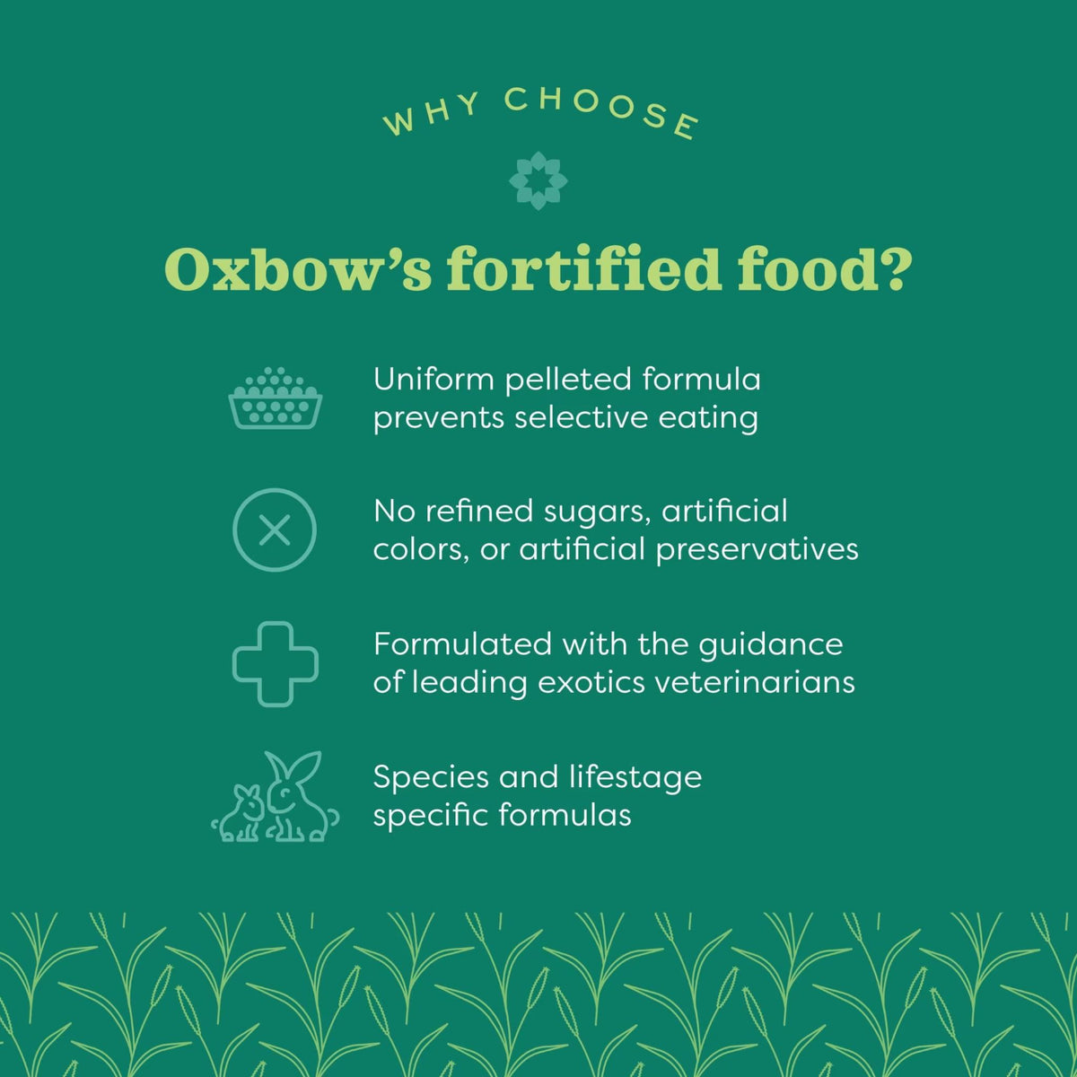 Oxbow brand graphic listing why to choose Oxbow fortified food