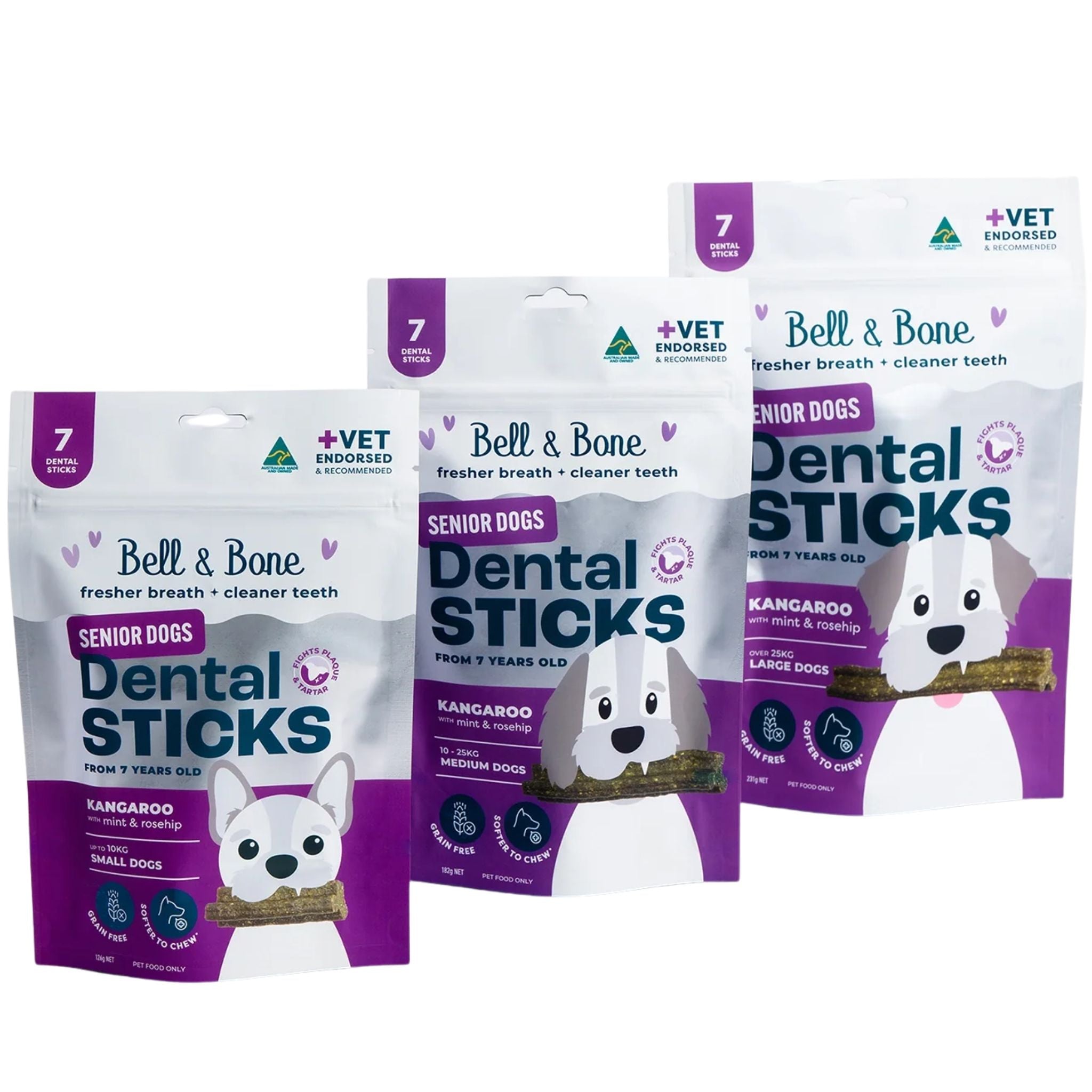 Bell and Bone Dental Sticks for Senior Dogs - Kangaroo, Mint and Rosehip