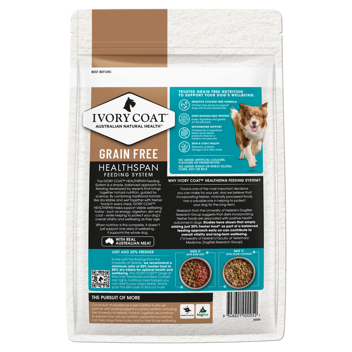 Back of the Ivory Coat Grain Free Salmon and Ocean Fish Adult dry dog food bag