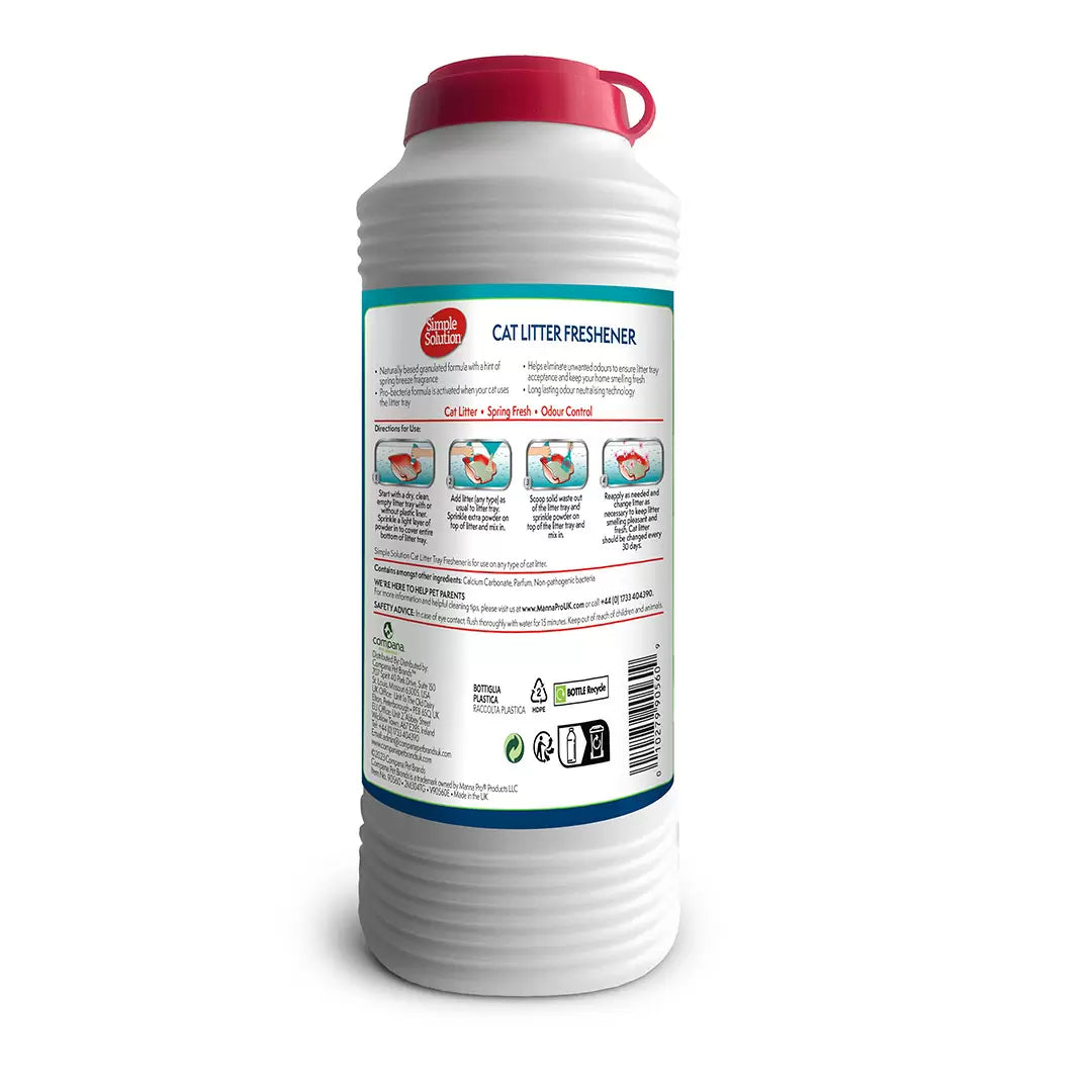 Simple Solution Cat Litter Freshener 600g back of pack with directions for use on the litter tray