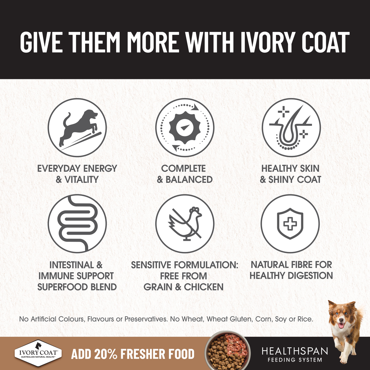Ivory Coat benefits: everyday energy, complete and balanced, skin and coat, immune support, natural fibre