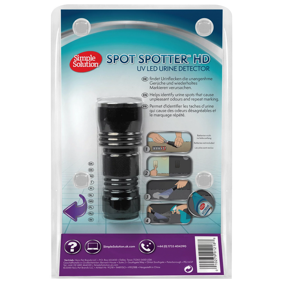 Simple Solution UV Spot Spotter back of pack with directions for use and battery requirement