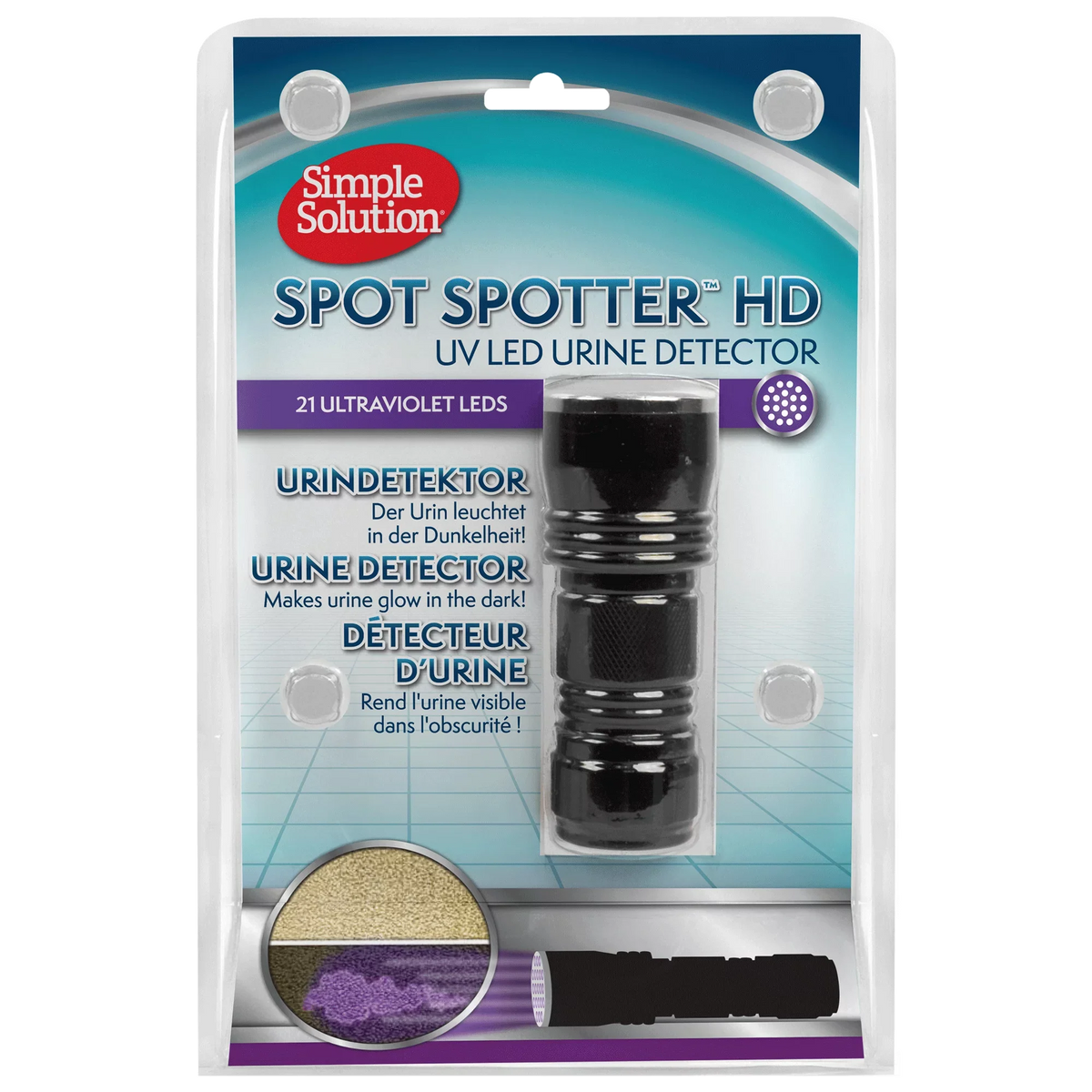 Simple Solution UV Spot Spotter urine detector torch in its retail pack, front