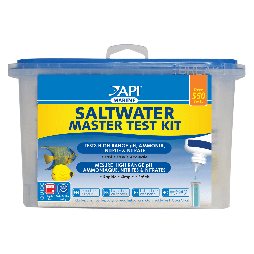 API Saltwater Master Test Kit box front, showing the pH, ammonia, nitrite and nitrate liquid tests