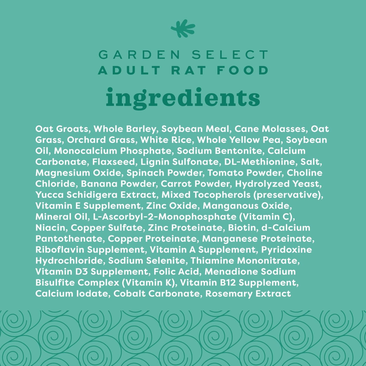 Oxbow Garden Select Adult Rat Food ingredients list panel
