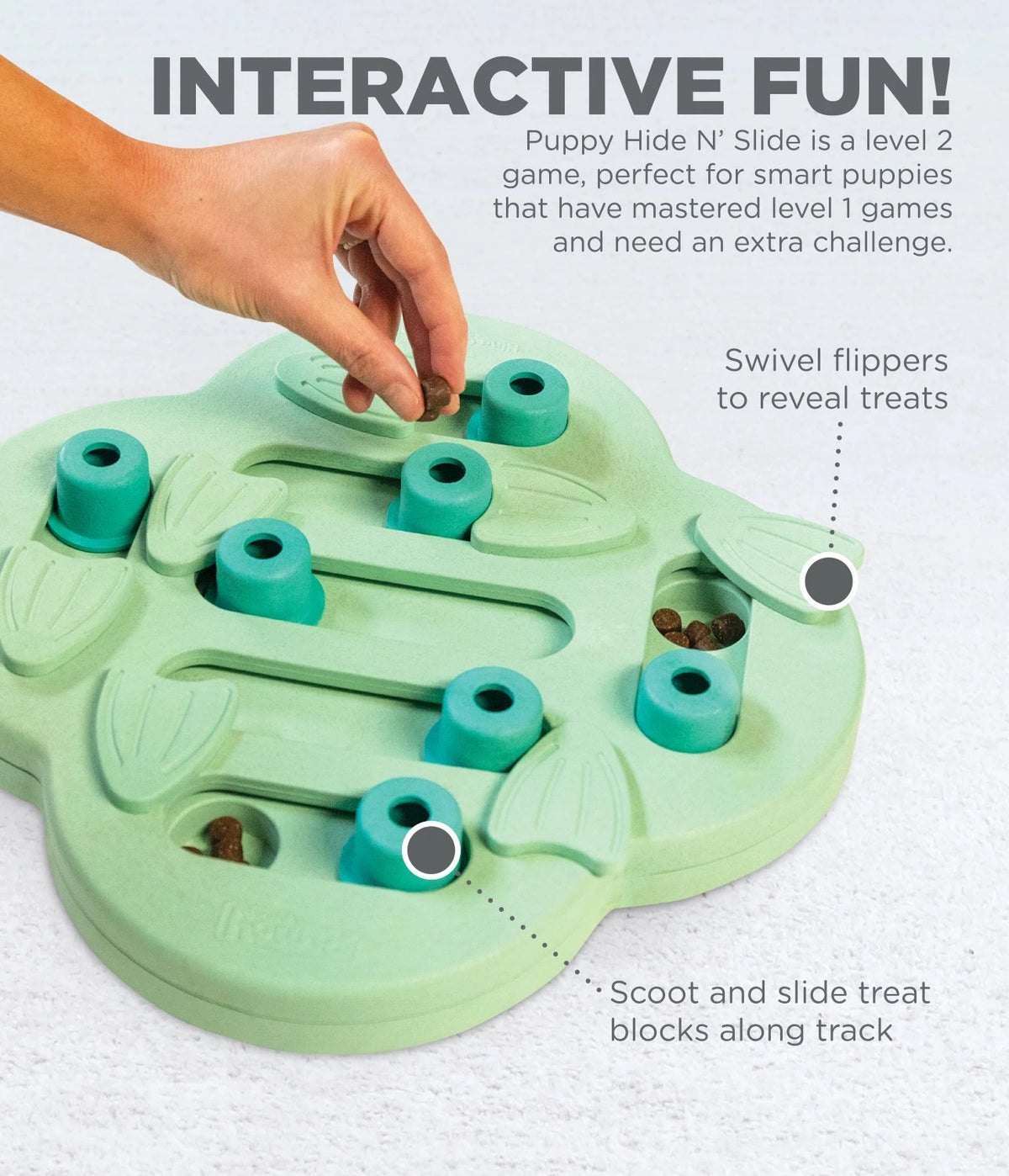 Nina Ottosson Puppy Hide N' Slide – interactive fun feature graphic
