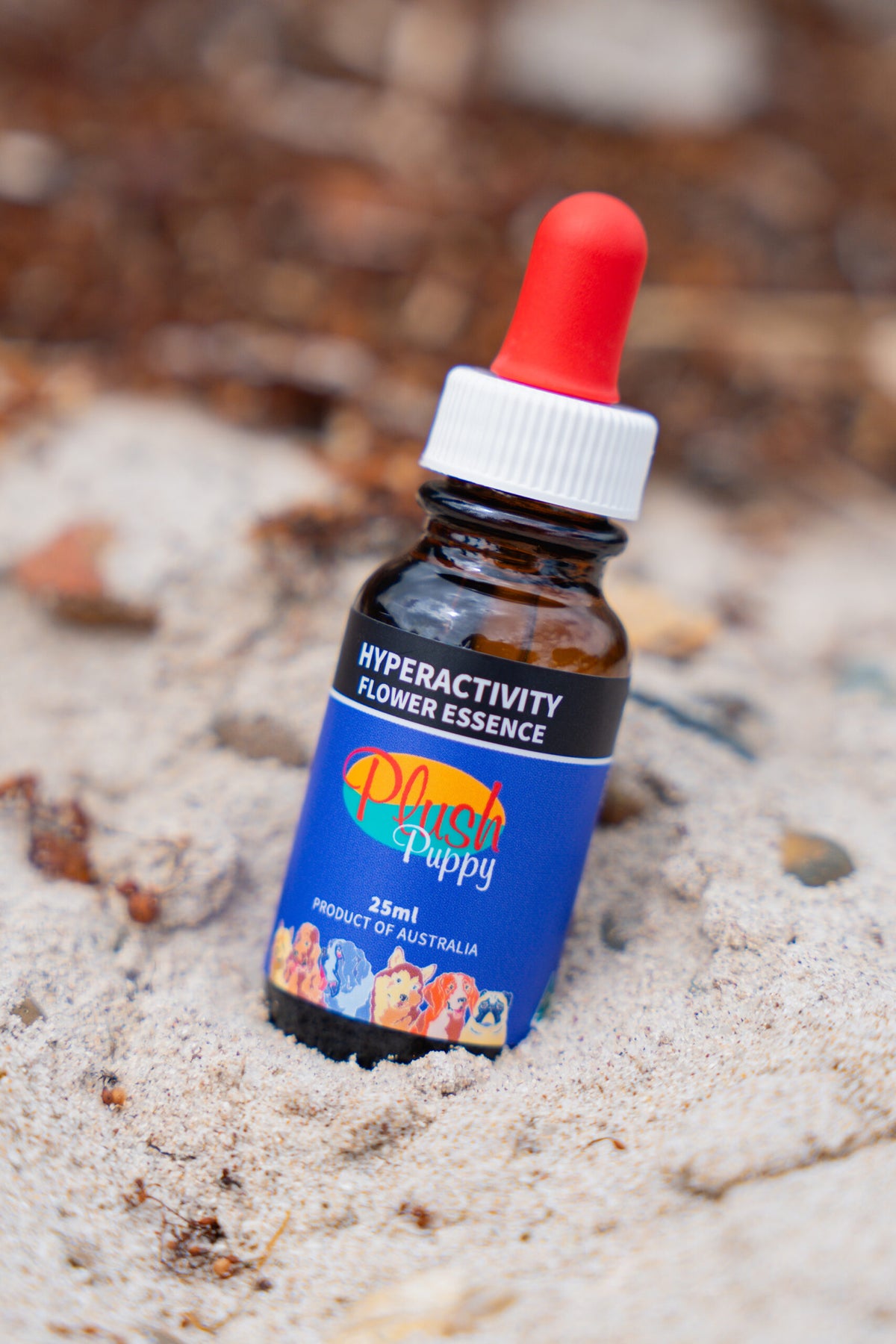 Plush Puppy Hyperactivity Flower Essence Drops – bottle on sand, lifestyle photo