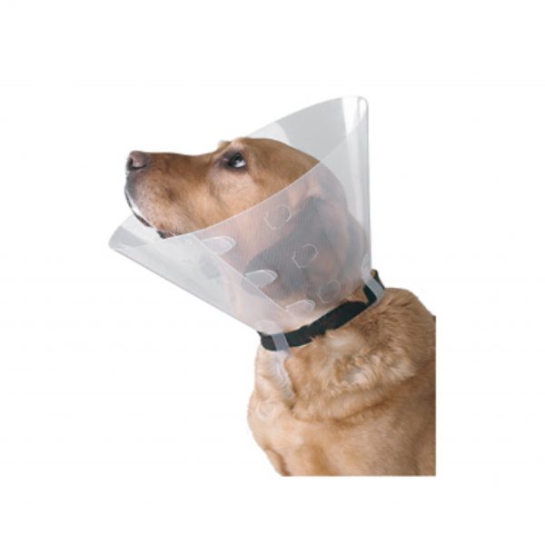 Apex Snap clear plastic e-collar with snap fasteners, shown flat