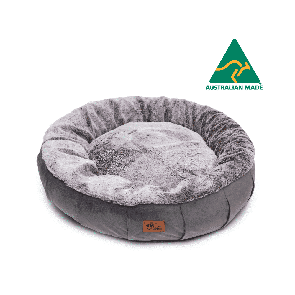 Superior Pet Goods Harley Dog Bed in velvet grey with faux rabbit fur, Australian Made logo
