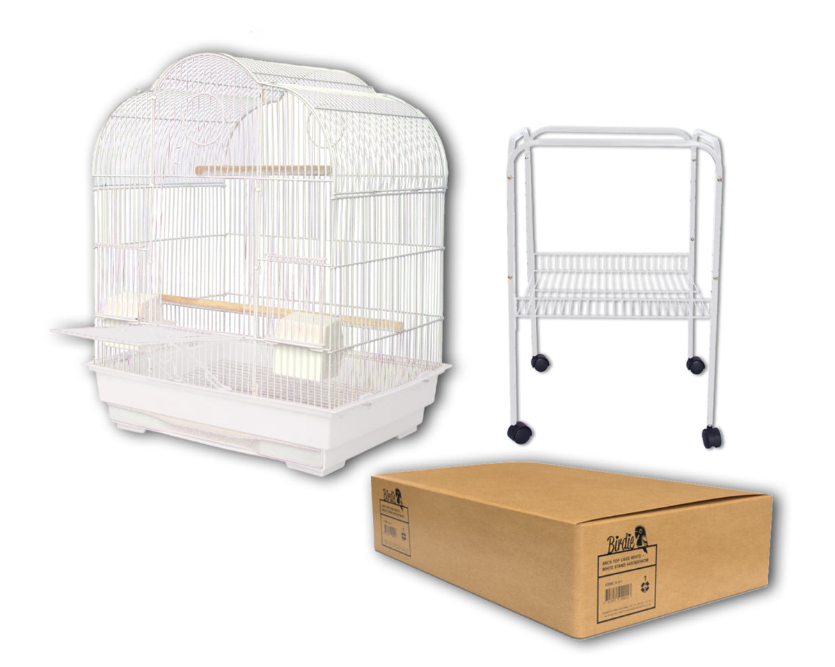 Birdie Arch Top Cage in white with its white wheeled stand and the flat-pack carton it ships in