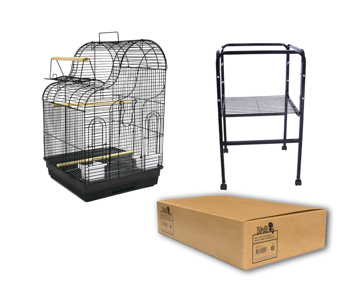 Birdie Wave Top Open Cage in black, curved top opened with a perch, shown with its stand and carton